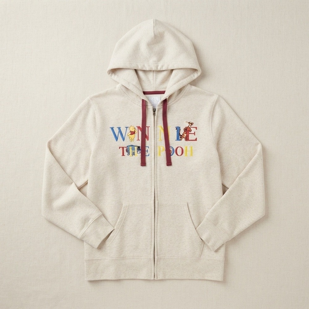 Disney Store Winnie the Pooh Embroidered Zip-Up Hoodie Heathered Oatmeal Medium